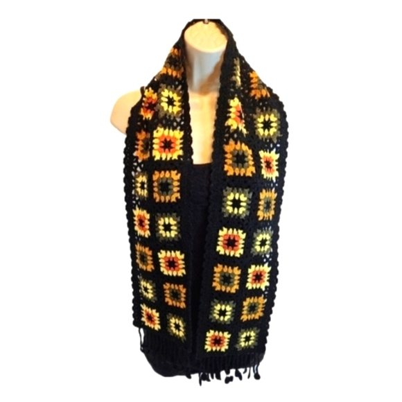 Hand Crafted Granny Squares scarf fall color floral grannycore black open shawl - Picture 1 of 16
